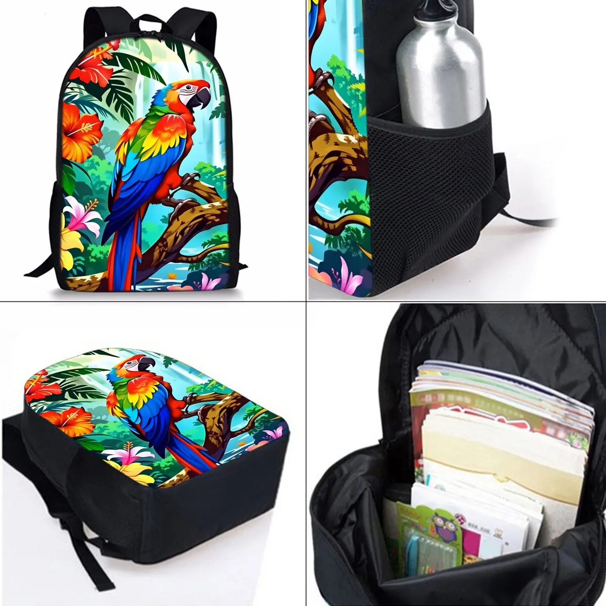 Colorful Parrot Print Three Piece Backpacks Set for Boy and Girls Best Gifts 2D Flat Cartoon School Bag for Children