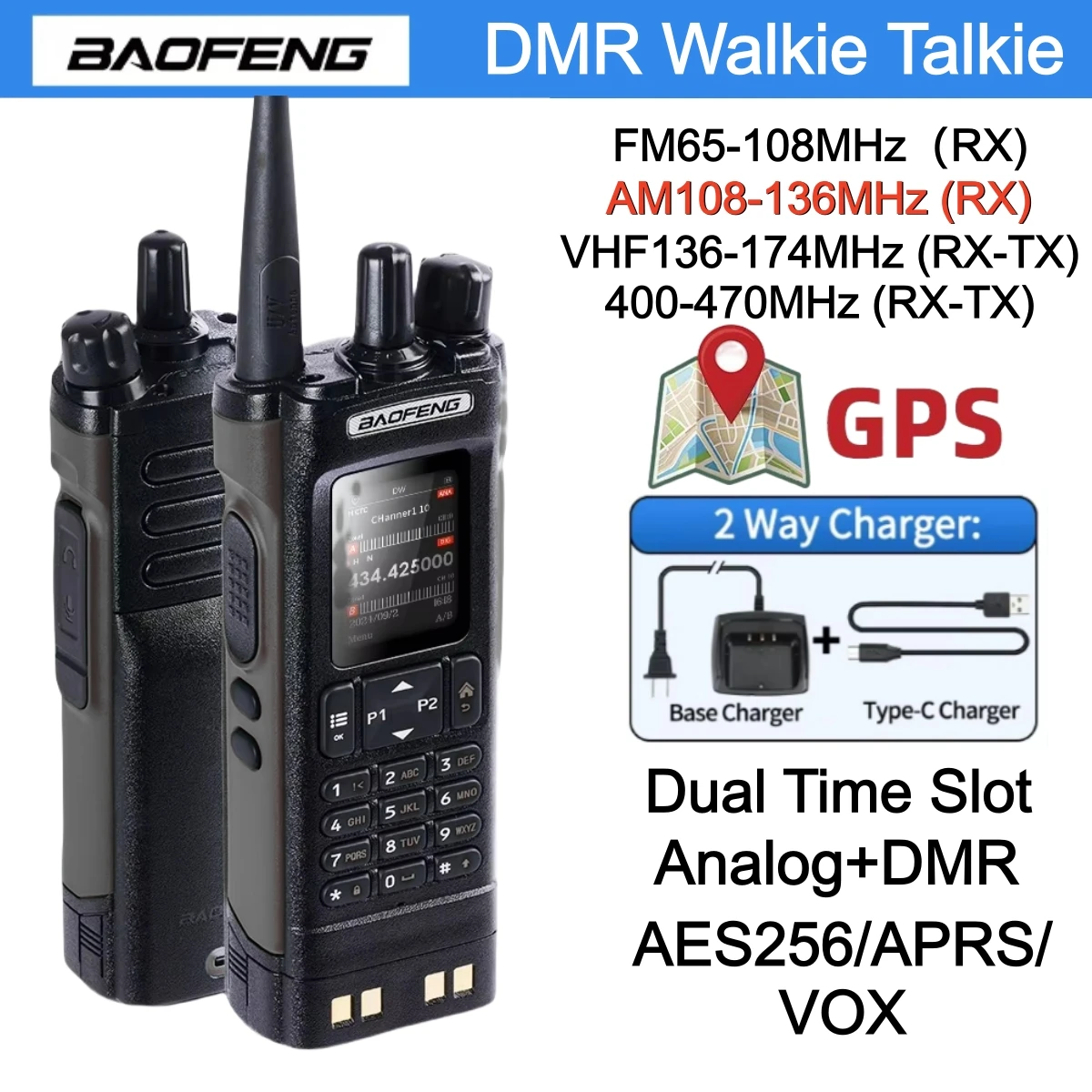 جهاز اتصال لاسلكي رقمي Baofeng Dmr Dm32 نظام تحديد المواقع Aprs Dm-32 وضع مزدوج تناظري فتحة زمنية مزدوجة سوار هوائي مكالمة رقمية لراديو الخنزير Uv-32