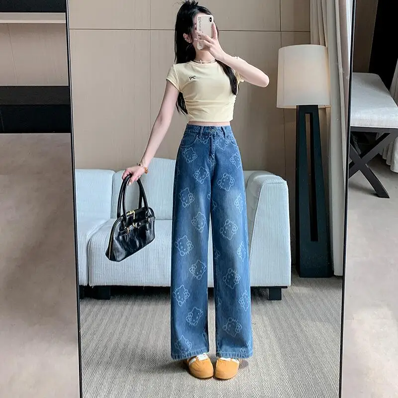 Chaud Sanrio dessin animé imprimé mode Cowboy pantalon 2025 nouvelles femmes quatre saisons conception taille haute goutte jambe droite jambe large pantalon