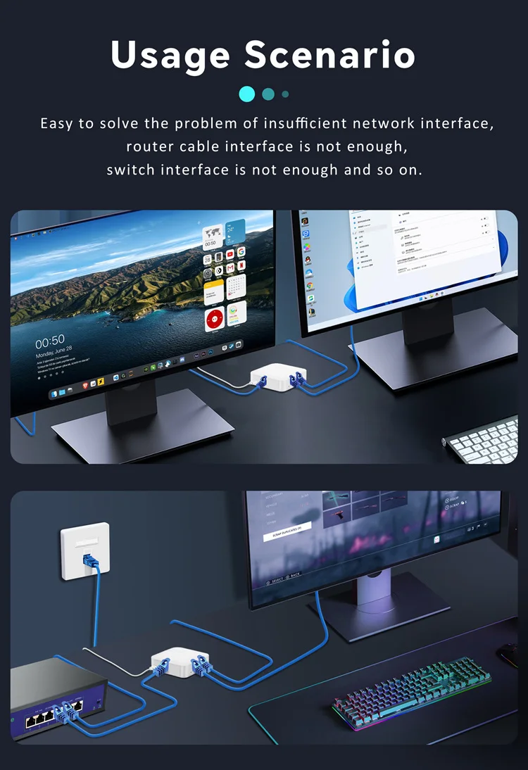 อะแดปเตอร์ตัวแยก Rj45อินเทอร์เน็ตกิกะบิตสายเคเบิลเครือข่ายอเนกประสงค์ความเร็วสูง1ถึง2 USB
