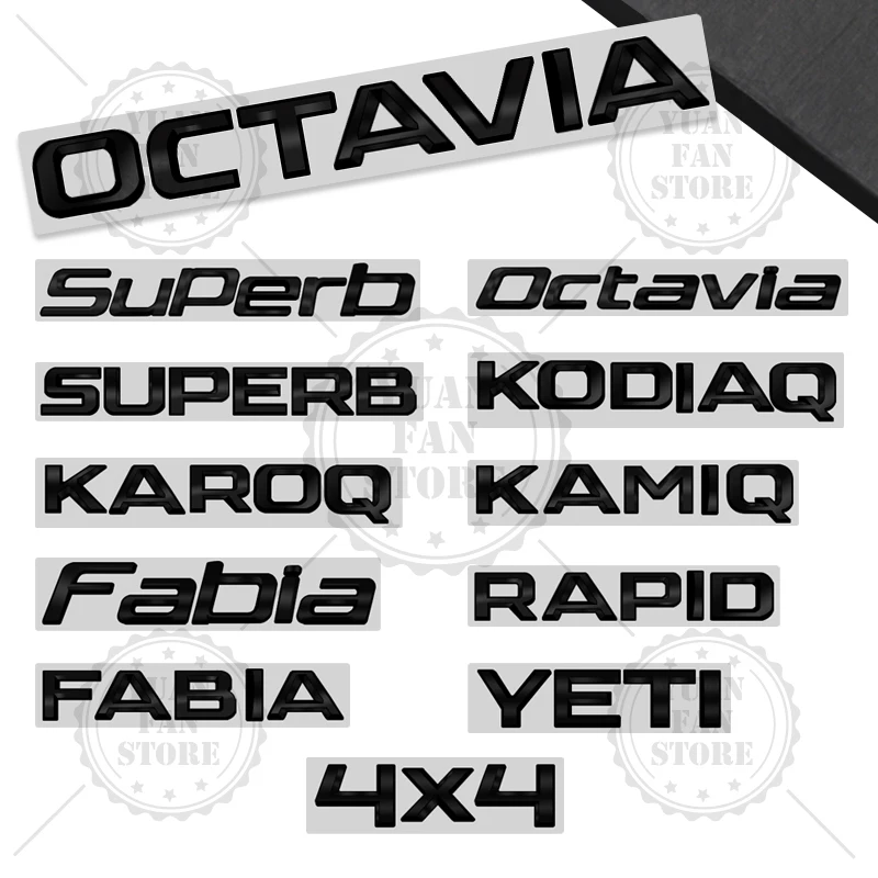 Glossy Black For Skoda Octavia Rapid Kodiaq Karoq 4X4 Fabia Kamiq Superb Yeti Metal Badge 3D Stickers Car Trunk Body Decal