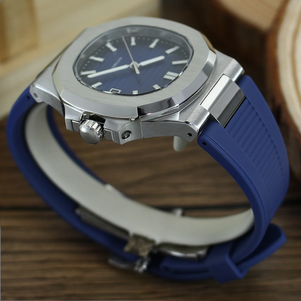 NH35 Movement Assembled Watch Modified Nautilus Model 316L Stainless Steel Case Rubber Strap Luminous Dial