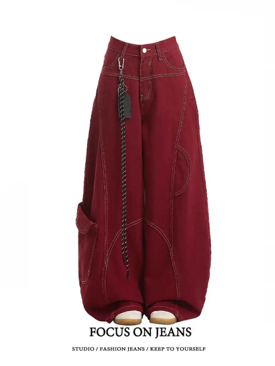 Street Vintage Jeans New Y2K Harajuku Wash Red Streetwear Baggy Jeans Denim Pants Mens Womens High Waist Wide Trousers 2025