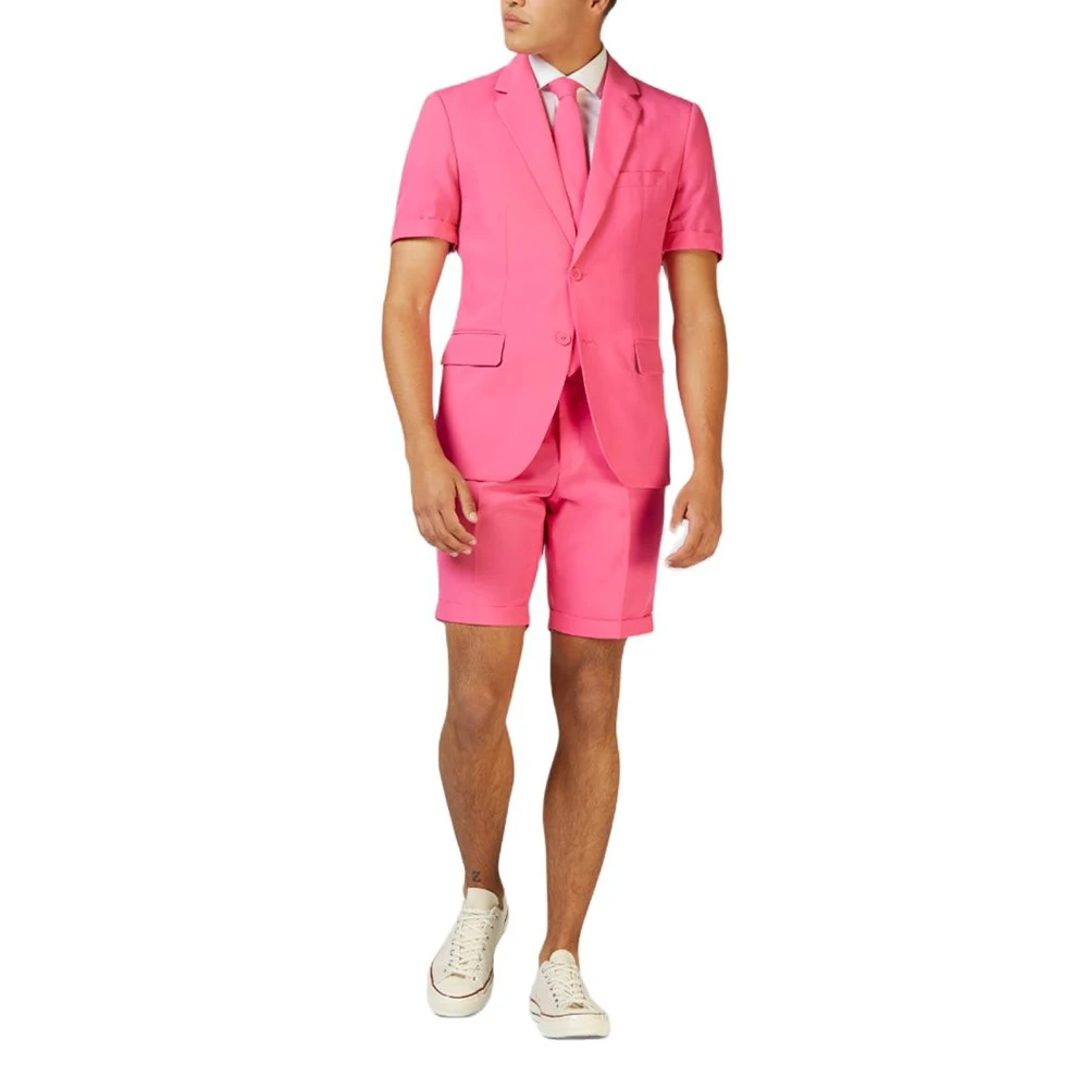 New Summer Pink Men Suits Single Breasted and Notch Lapel Male Suits Smart Casual Formal 2 Piece Short-sleeved Blazer and Shorts