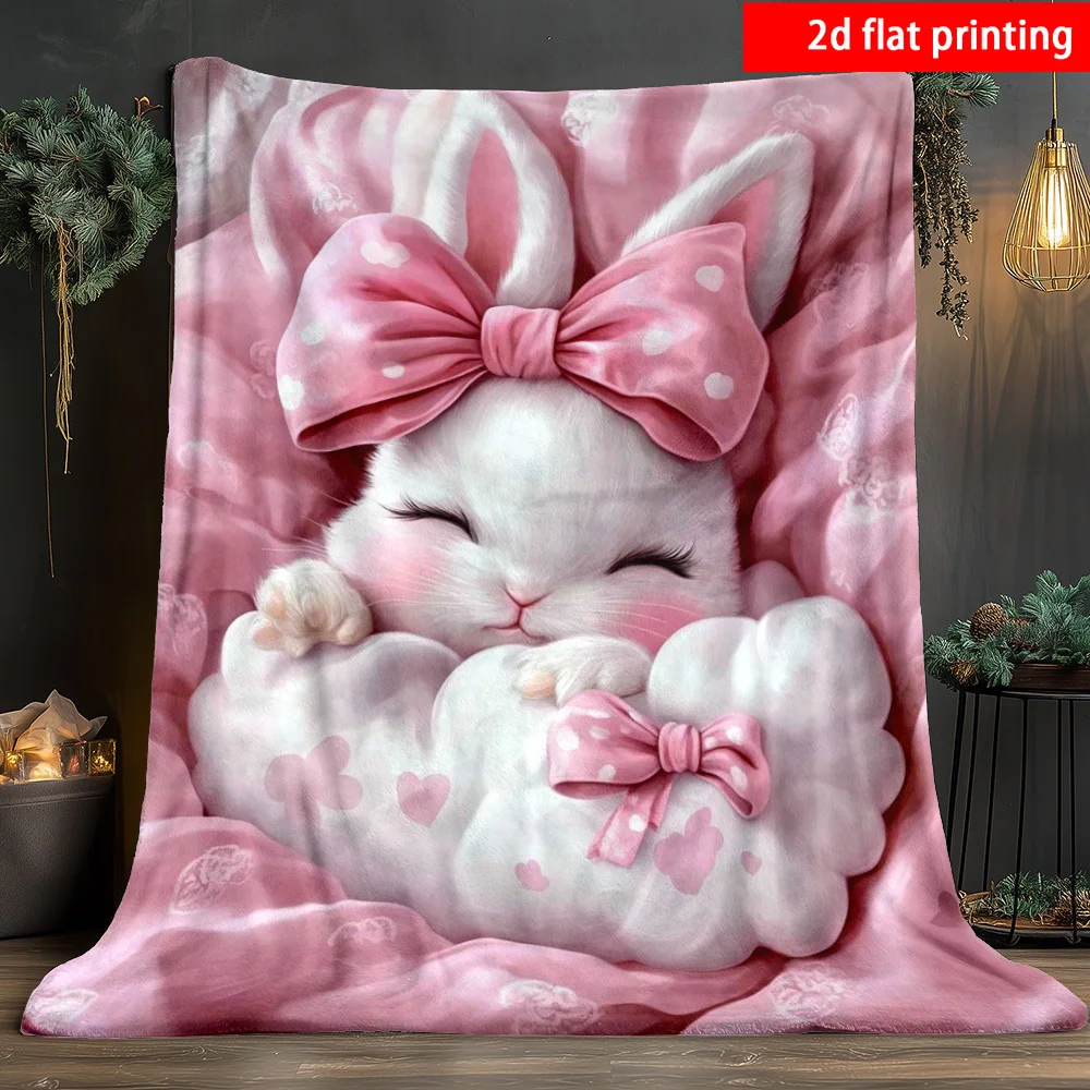 2D Flat Printing, 1pc, White Rabbit Pink Bow Single-Sided Printed Fleece Blanket, Soft And Comfortable, Suitable for Travel, Cam