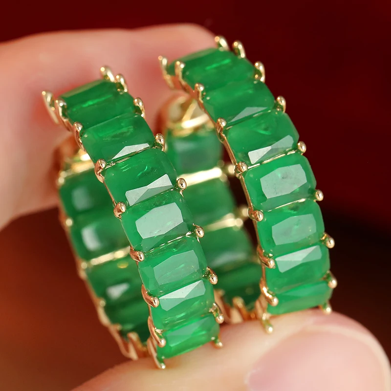 Rectangle Green Synthetic Chalcedony Luxury Hoop Earrings for Women Vintage Elegant Festival Banquet Vintage Jewelry Accessories