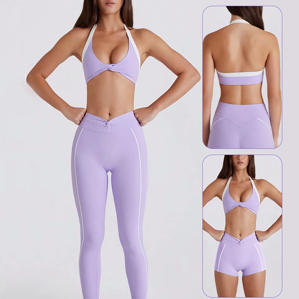 

2 Piece Fitness Tracksuit Women's High-Waisted Yoga Shorts With Contrast Knot Design & Built-in Bralette - Workout Running Set