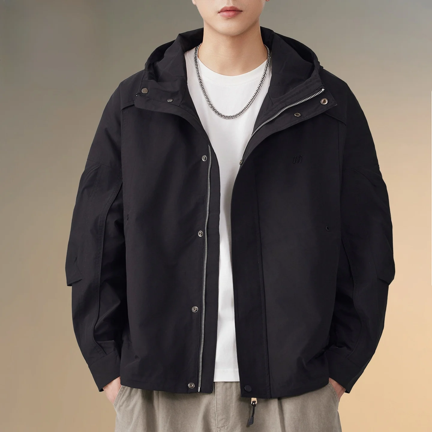 

Pierre Cardin Men's Hooded Jaet Pure Color Loose Workwear Versatile Spring Autumn High Sensation Casual Faion Top