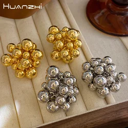 HUANZHI-pendientes de tuerca de bola hueca para mujer y niña, bolas de Color plateado, cuentas de cuerda de uva, joyería de Metal exagerada gruesa, nuevo