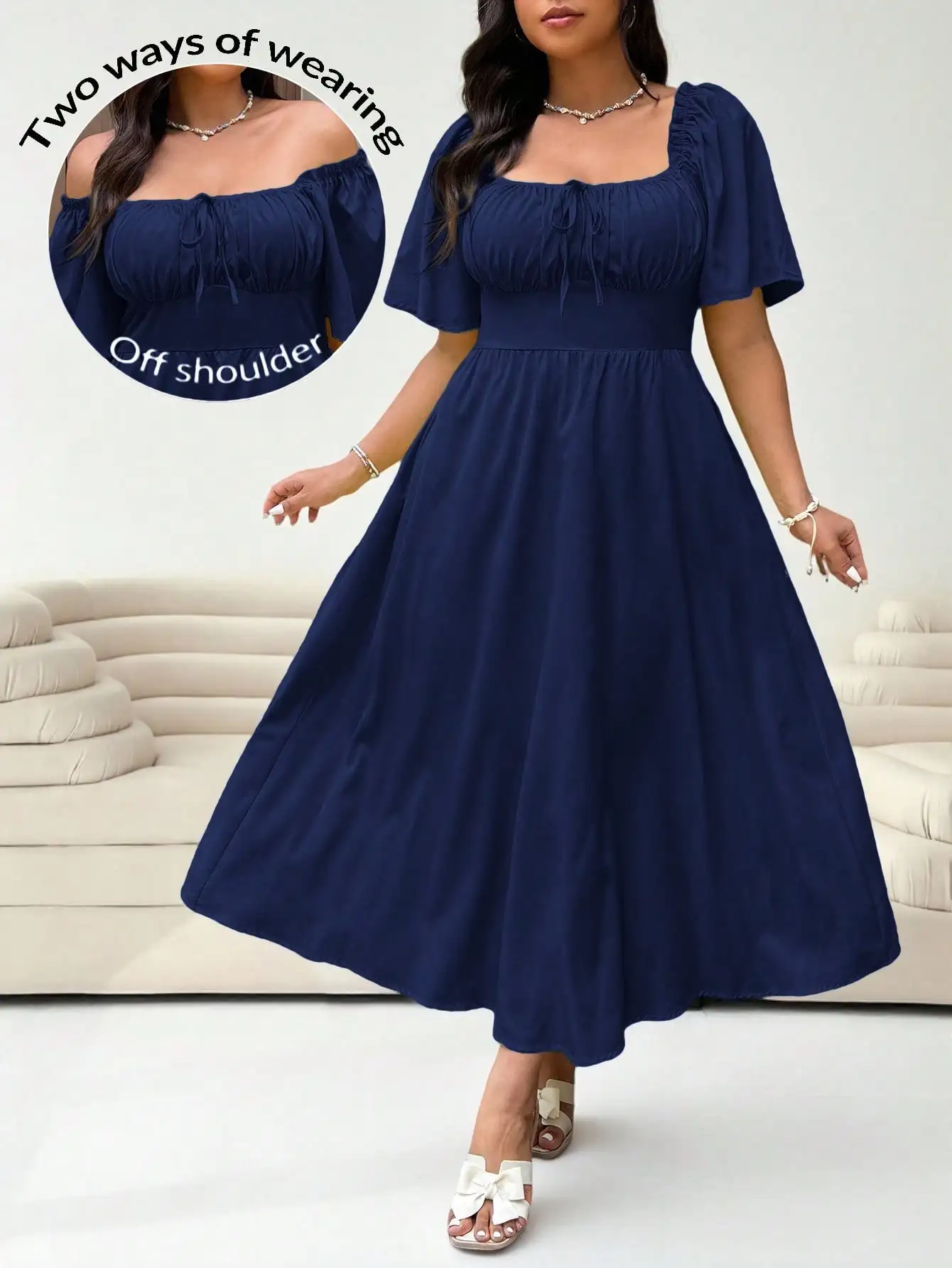 

Navy Blue Off-Shoulder Smocked Midi Dress with Puff Sleeves