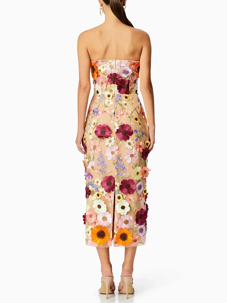 VGH Patchwork Appliques Colorblock Elegant Dresses For Women Strapless Sleeveless High Waist Backless Temperament Dress Female