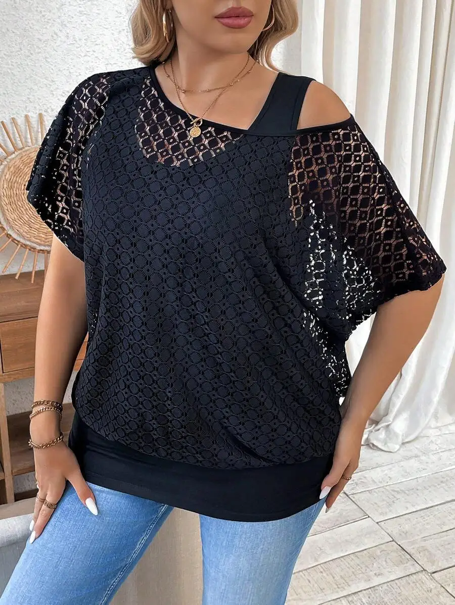

Fashion Women Plus Size T shirt Off Shoulder Hollow Out Drop Sleeve Skew Collar Summer Casual Vintage Tee Tops 2025