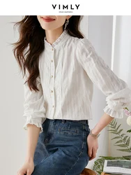 Vimly Ruffles Stand Collar Embroidery Shirt for Women Autumn 2023 Fashion Casual 100% Cotton Button Up Shirts Long Sleeve Tops