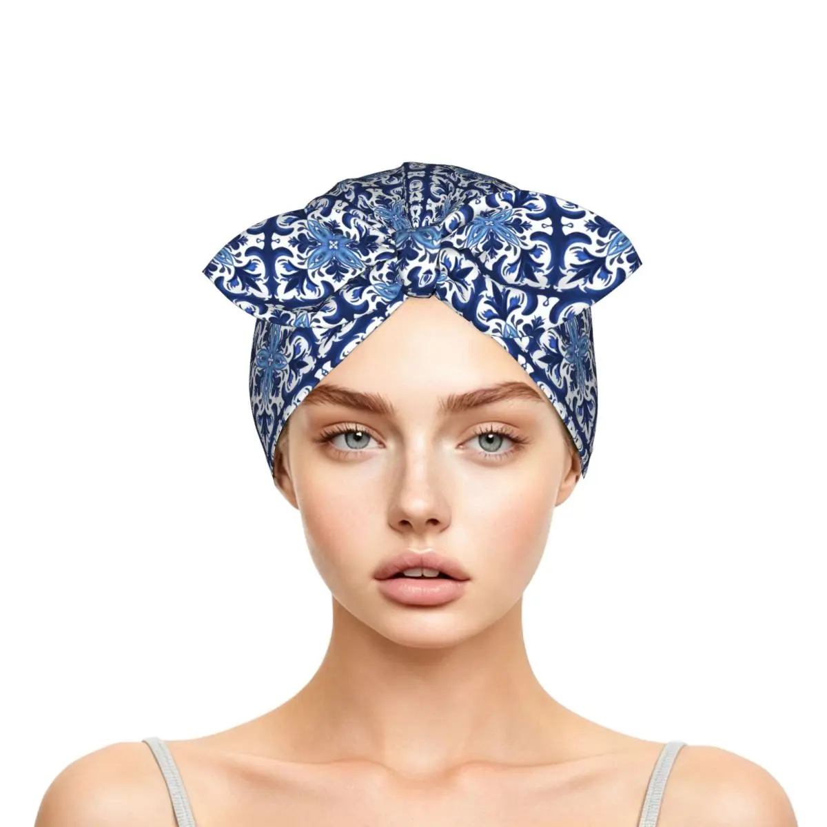 Sicilian Tiles,mediterranean,blue Tiles ,lemons Sleep Bonnet Double Layer with Adjustable Bow Hair Cap for Curly Braids Hair
