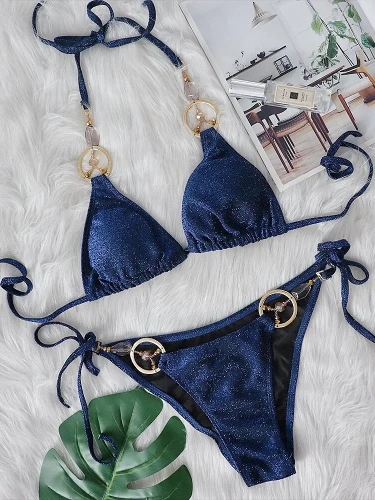 

Shiny Blue Bikini Set Women 2025 Luxury Cut Out Rhinestones Metal Ring Linked Thong Swimsuit Beach Bathing Suit Micro Swimwear