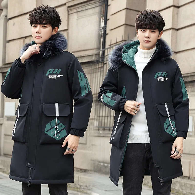 Casaco de gola de pele com capuz comprido masculino, jaqueta espessa à prova de vento, parkas top quente com bolso, outono e inverno