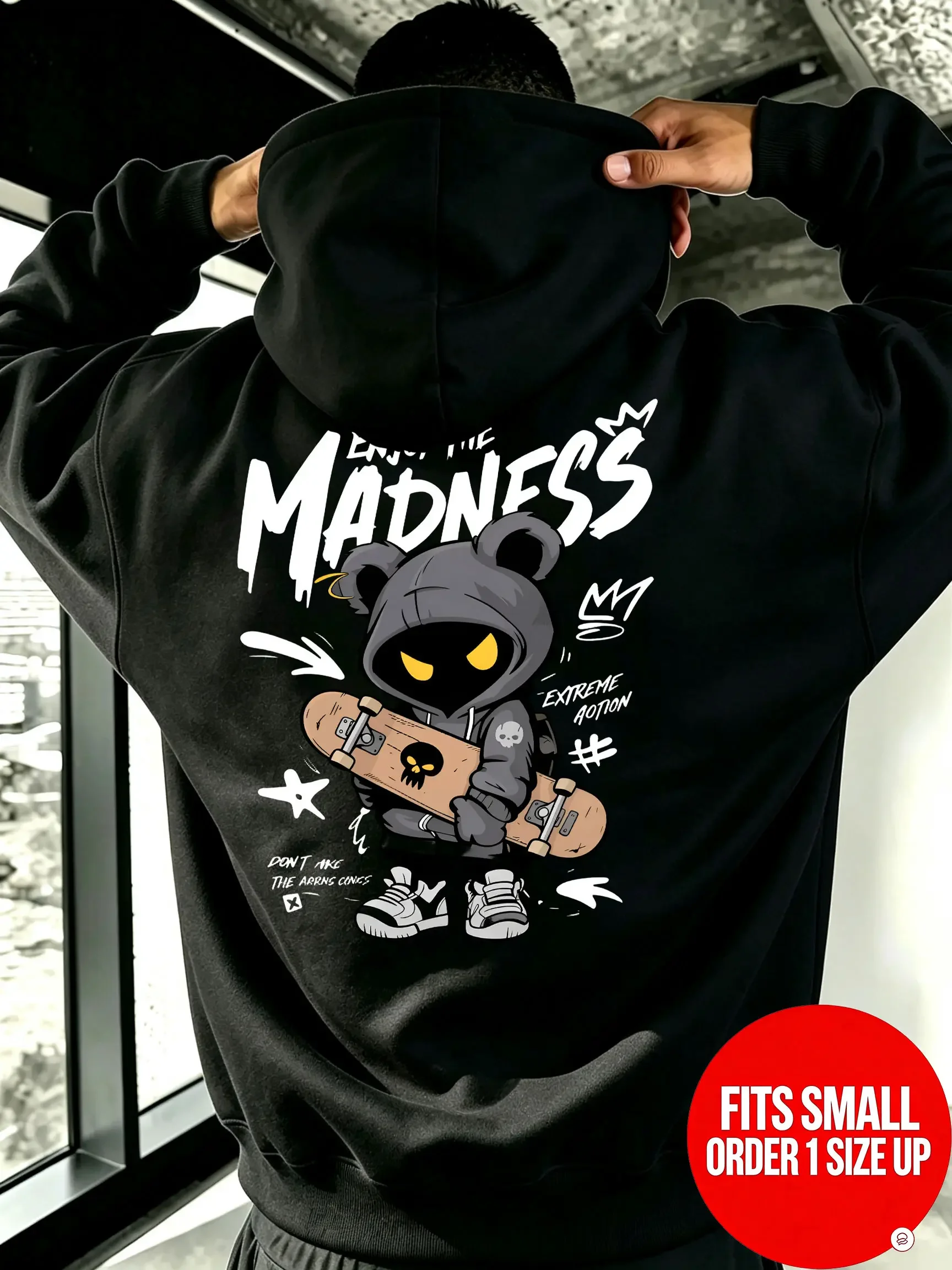 Enjoy the Madness Hoodie — Double Print Design, Front Handwritten Brush-Style Lettering, Back Skateboard Bear cartoon Illustration; Unisex Oversized Hoodie, Sohochic