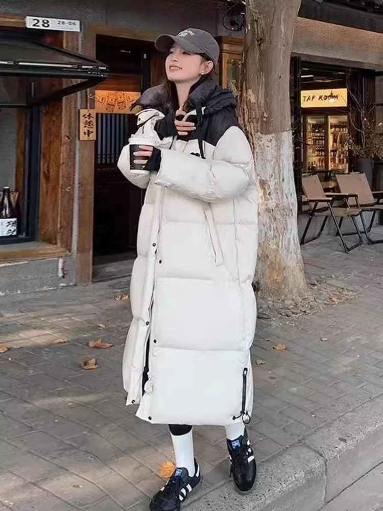 

Women's Color Block Longline Cotton Coat Oversized Knee-Length Puffer Jacket Thickened Warm Winter Hooded Quilted Streetwear