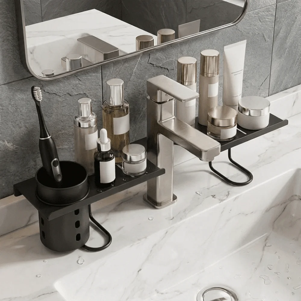 Carbon Steel Bathroom Storage Rack Water Drainage Large Capacity Vertical Faucet Storage Rack Rustproof Space Saving