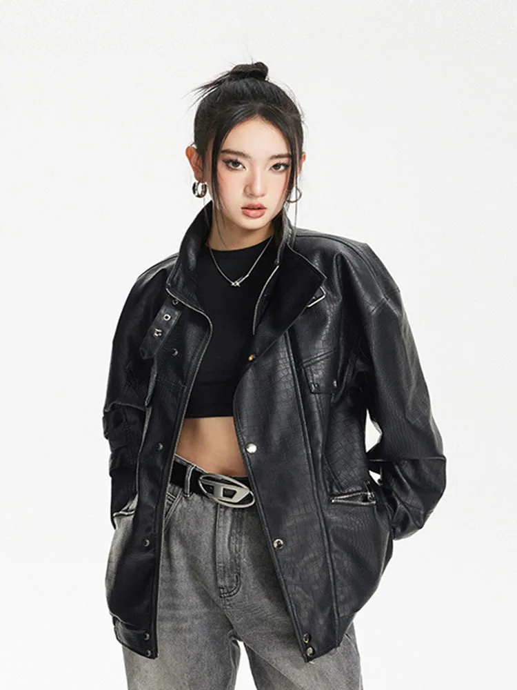 Spring Autumn Oversized Cool Windproof Thick Black Pu Leather Jacket Women Zip Up Luxury Designer Unisex Clothes 2024