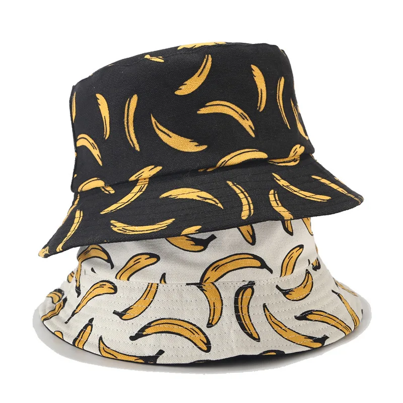 Bucket Hat Women Banana Printed Double Sided Summer Hats For Men Outdoor Hip Hop Fisherman Hat Female Street Dance Foldable