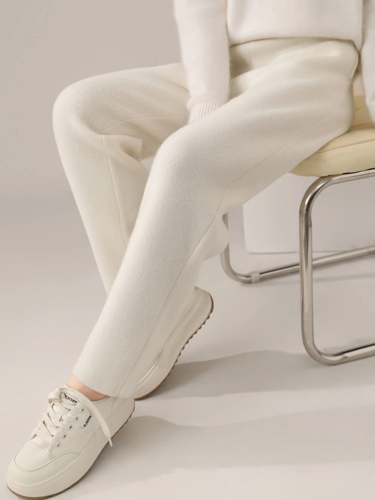 Women's Wool Pencil Pants Autumn Winter Office Lady Style Threaded Elastic Waist Trousers 100% Merino Wool Knitted Thicken Pants