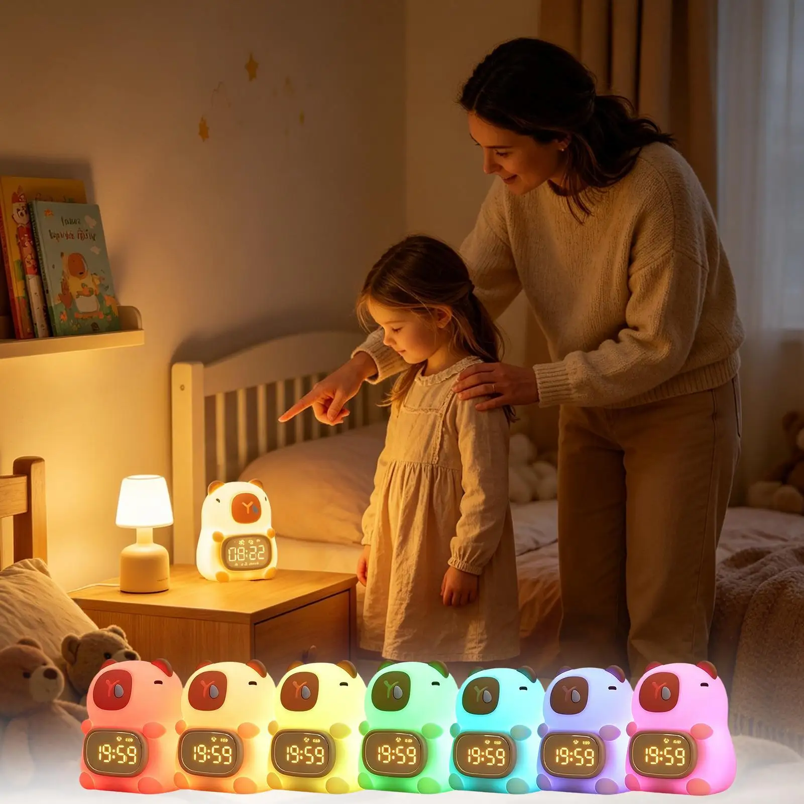 Kids Alarm Clock With Night Light 7 Colors Adjustable 2 Alarm Settings Cute Bedside Lamp For Boys Girls Sleep Training Naptime