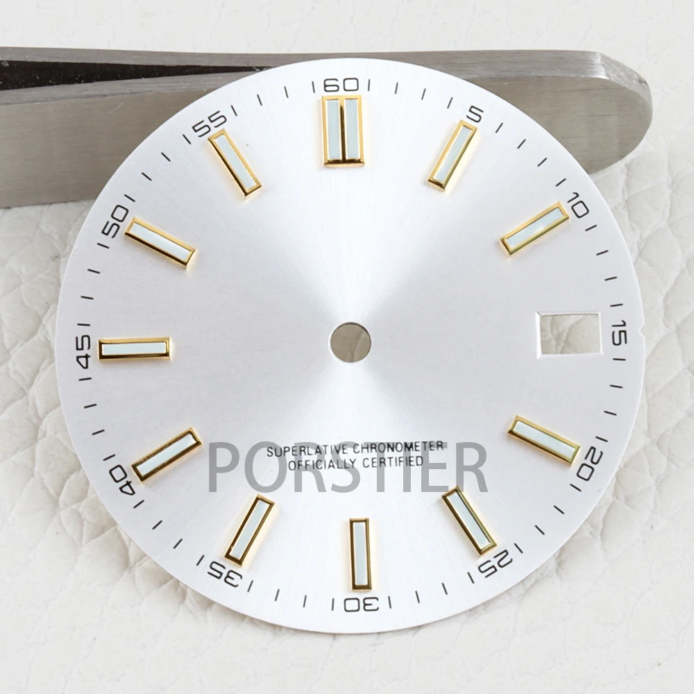 28,5 mm NH35-Uhrenzifferblatt für DATEJUST NH35/NH36-Uhrwerk, blau leuchtendes Zifferblatt mit Sonnenschliff-Textur, Datumsfenster, Uhrenzifferblatt-Ersatzteile – Detail 8