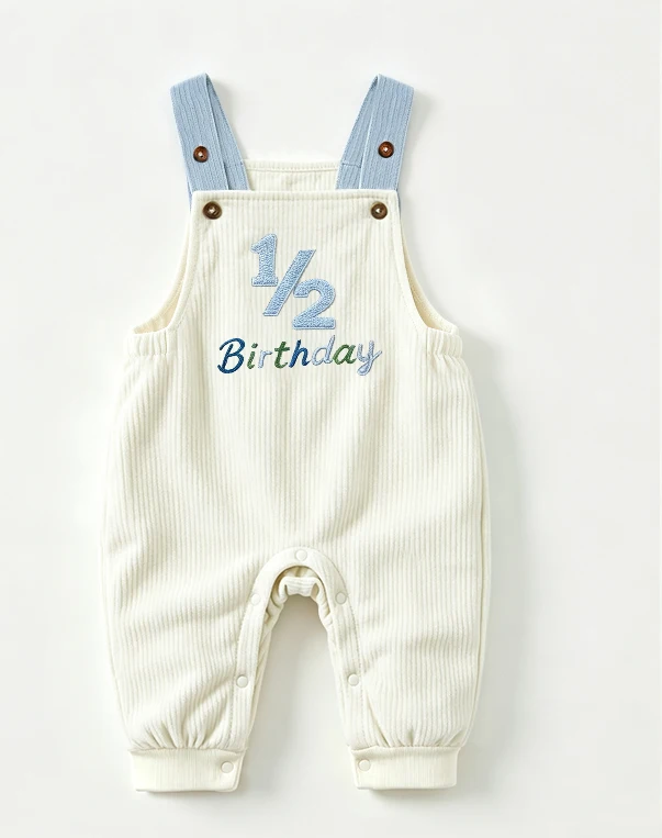 0-18M Baby Half Birthday Jumpsuit Embroidered Square Neck Sleeveless Romper Baby Corduroy Overalls
