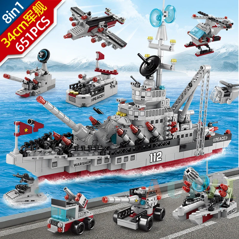 Military Warship model building blocks helicopter Fighter aircraft radar army ship missile 8 in 1 bricks navy boat