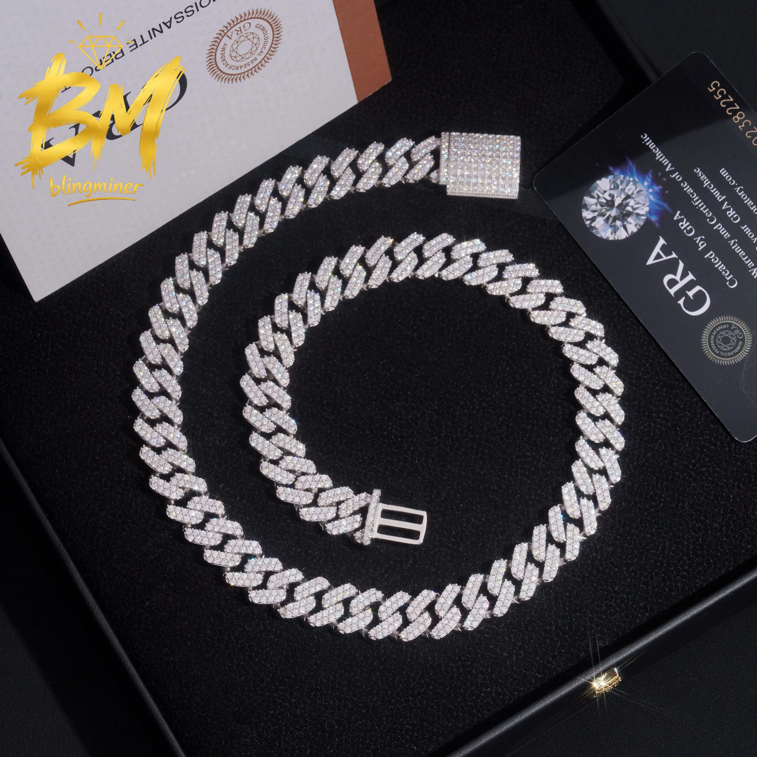Blingminer 2Rows 12.5mm S925 Silver VVS Moissanite Cuban Link Chain Iced Out Necklaces For Men Jewelry Pass Diamonds Teste GRA