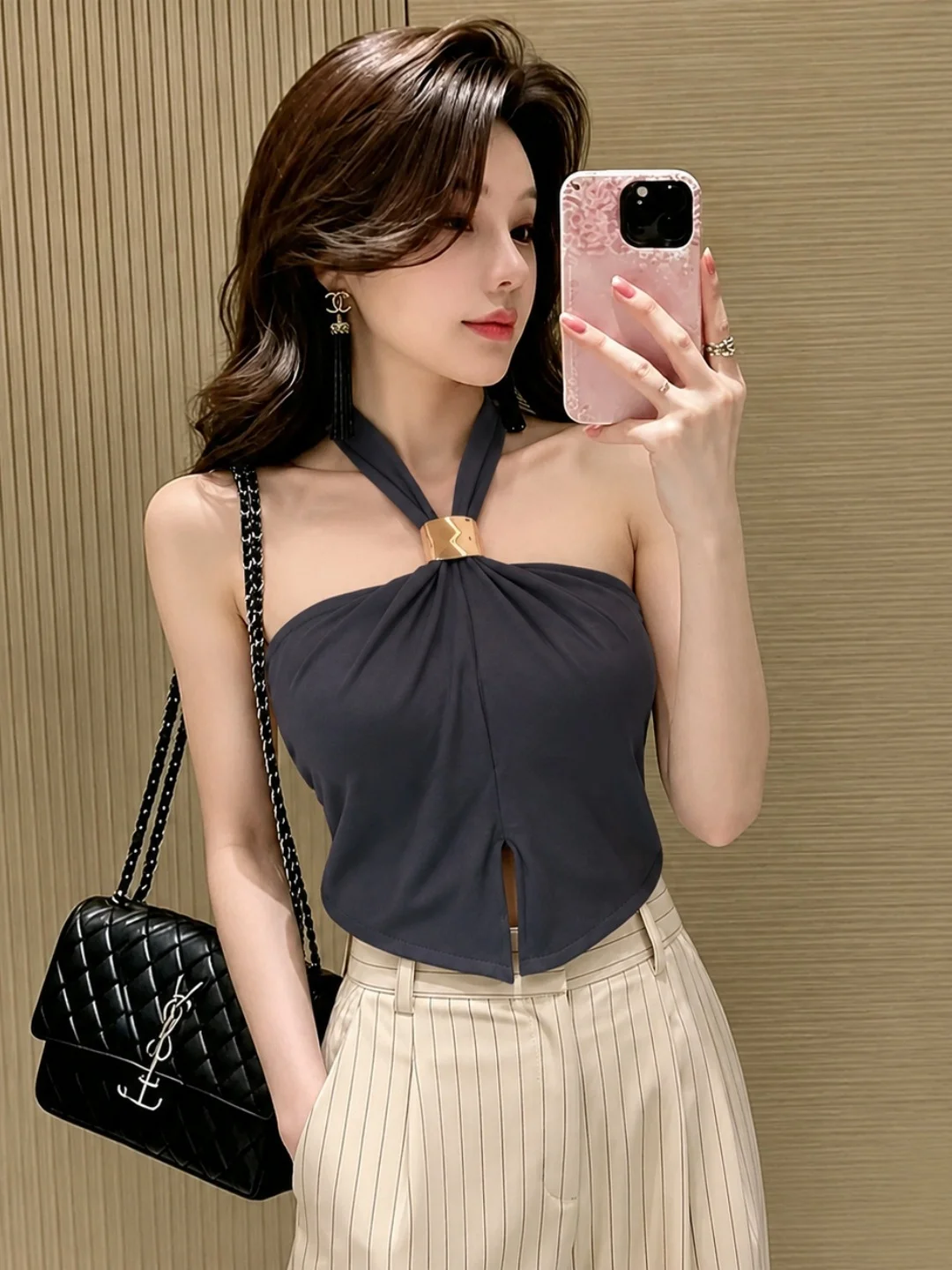 

Fashionable Spicy Girl Neck Hanging Strap Vest Metal Buckle Slit Design Slimming Top Women Summer No Sleeve Color