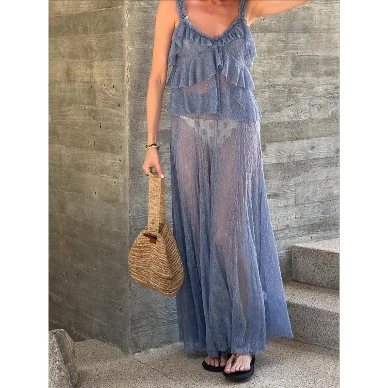 

Женский сексуальный модный кружевной костюм на подтяжках, прозрачный многослойный пляжный топ с узкой длинной прямой юбкой, летний наряд