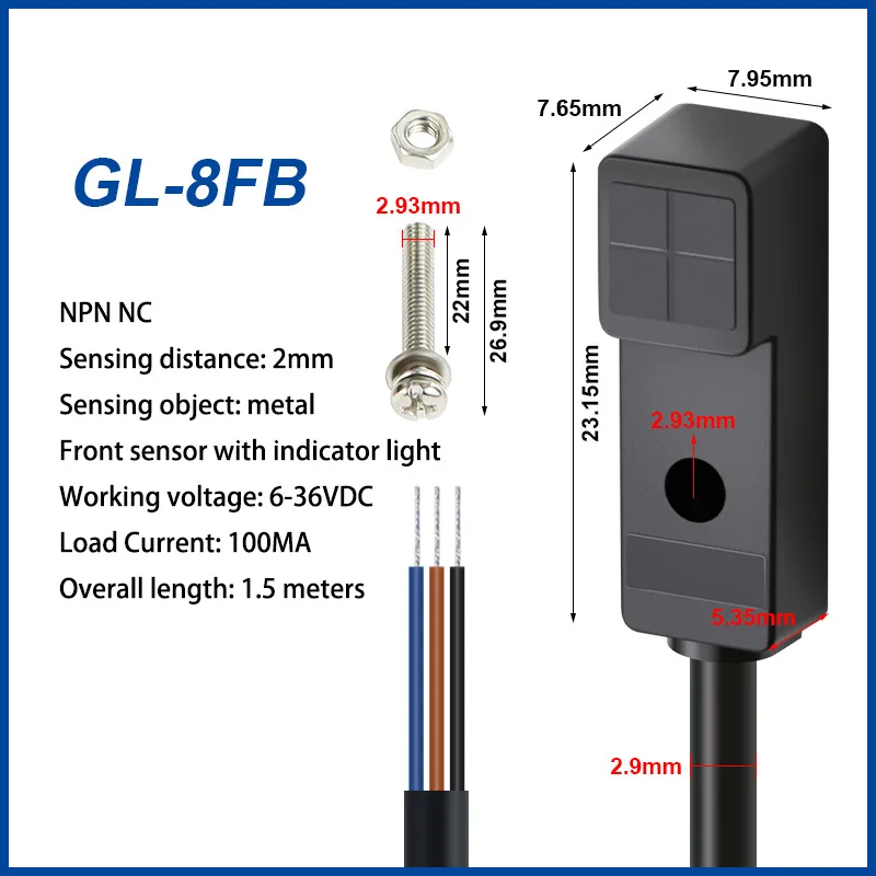 2mm Micro Small Square Proximity Switch Sensor GL-8F 8H Metal Sensor Switch 36V Three-Wire Inductive NPN PNP NO NC 6-36VDC