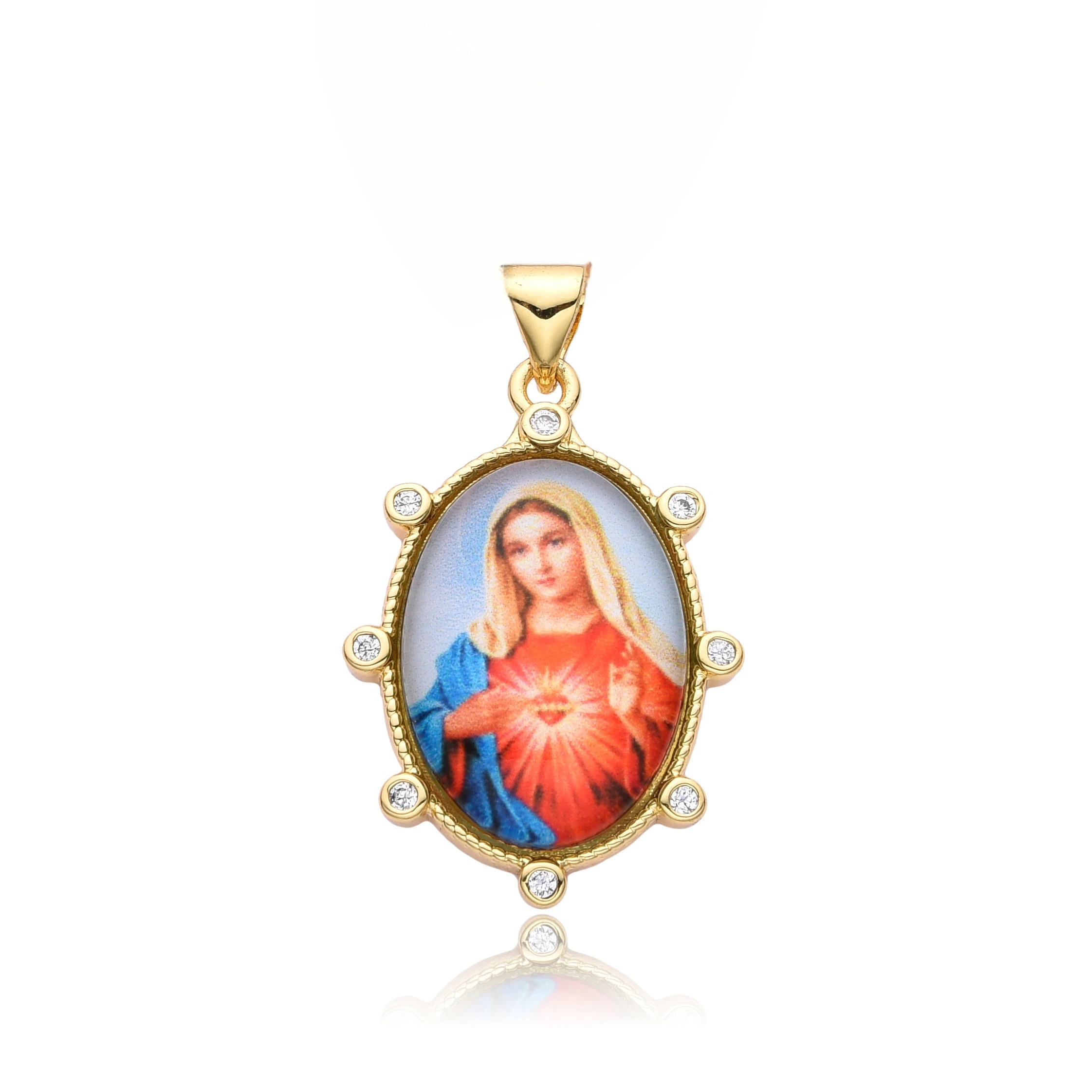 Gold Color Oval Baby Jesus Virgin Mary Charms Cubic Zirconia Colored Guadalupe Necklace for Women Choker Pendant for DIY Jewelry