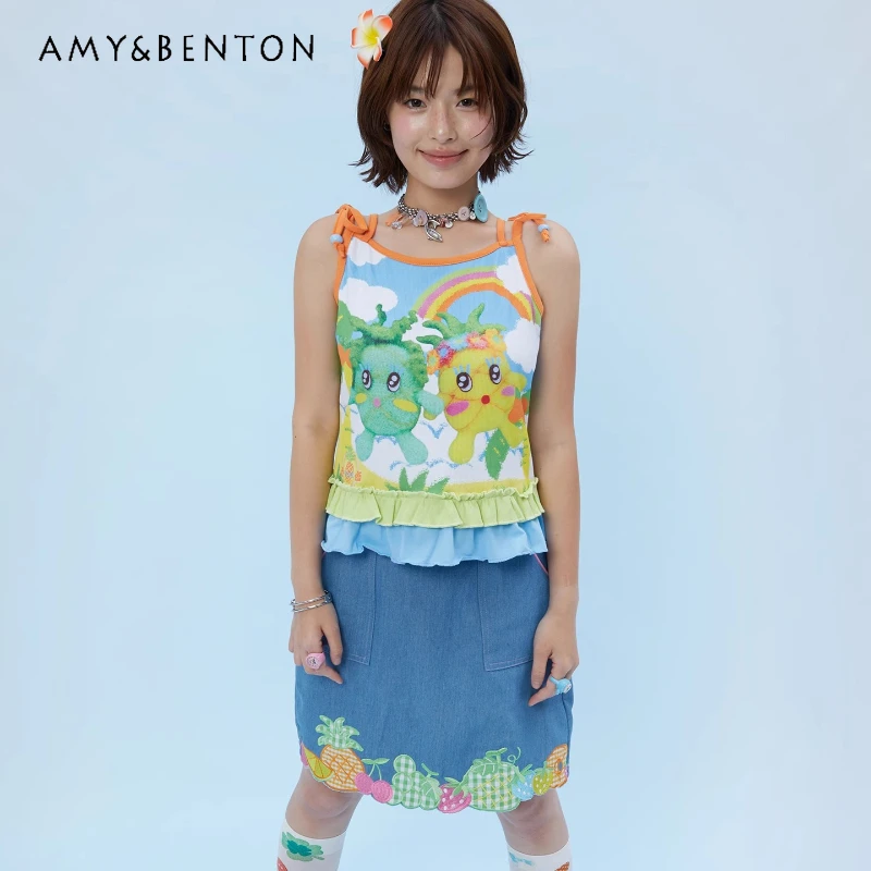 

Original Design Cute Cartoon Knitted Doll Printed Women's Sling Japanese 2025 Summer New Sweet Kawaii Sleeveless Vest Ladies
