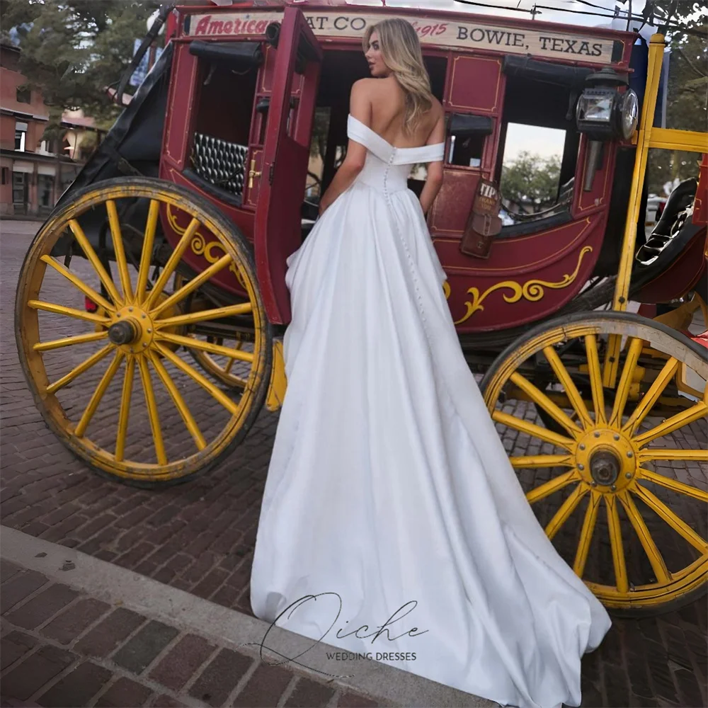QICHE Modern High/Low Satin Off The Shoulder Sweetheart Wedding Dress Beading Bridal Gown Open Back Vestidos De Novia Customized