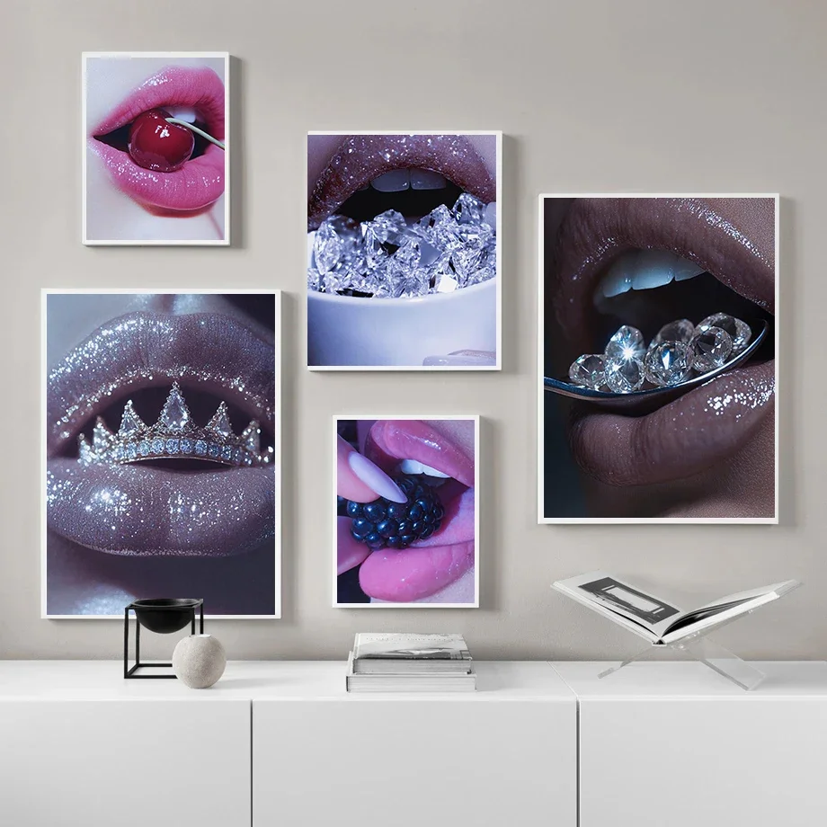 Large-sized 1pc frameless Canvas Painting Luxury Woman Glamorous Lip Posters Fashion Glossy Diamonds Cherries Prints Canvas Pain
