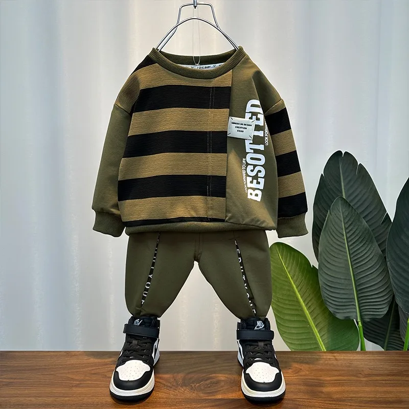 

2-10Years Casual Boys Sports Sets Kids Army Striped Crew Neck Sweatshirt+Pants 2PCS Suits Spring Autumn Children Tracksuit