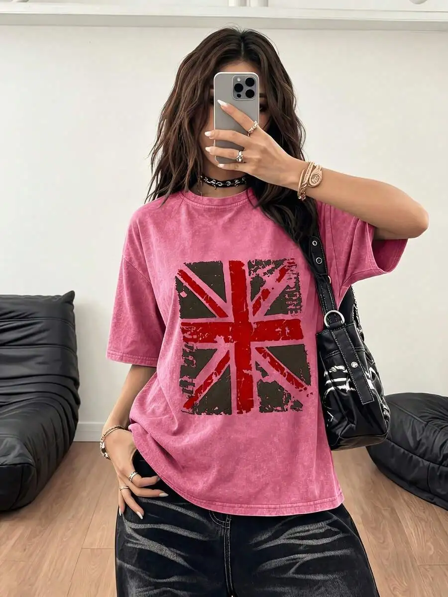 Women Crewneck Short Sleeve T Shirt Distressed Union Jack Graphic Print Soft Casual 1 Piece New Summer 2026 Trendy Top