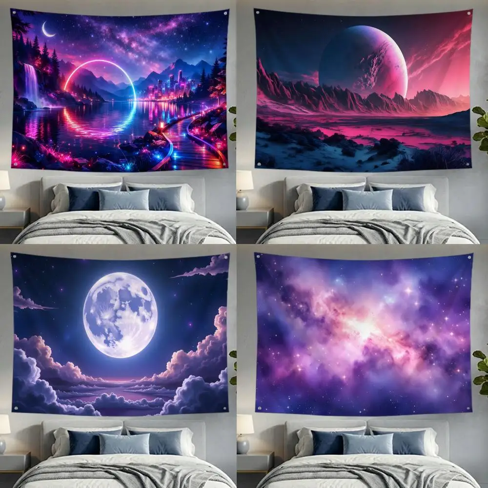 Trendy Ethereal Cosmic Purple Aurora Star Flags Lightweight no edging four rings hanging for indoor and outdoor decor