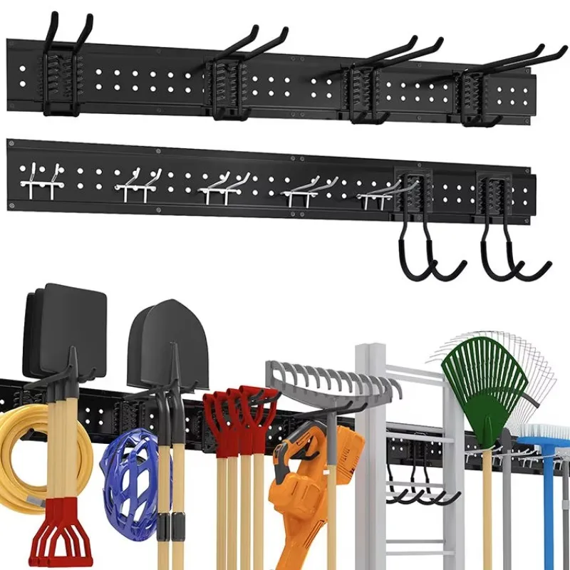 

Mechanical garden tool storage organizer with 3 rails and 10 hooks, removable heavy metal garden tool display stand
