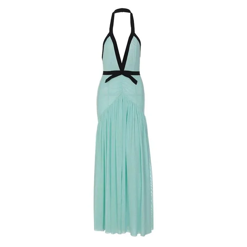 Sommerkleid mit Neckholder, rückenfrei, ärmellos, dünn, für Damen, zitronengrün, Gaze, knöchellange Kleider, neu 3AIZQT