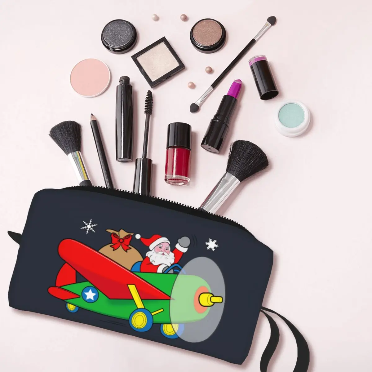 Santa Claus Merry Christmas Makeup Bag, Organizador de Cosméticos de Viagem, Kawaii Um Avião Cheio de Presentes, Sacos De Higiene Pessoal De Armazenamento