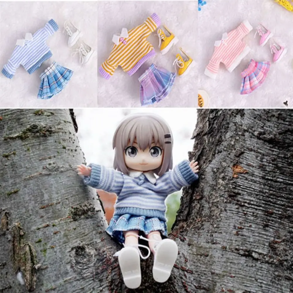Handgemaakte poppenkleertjes DIY schattige pop rokken set vervangbare mode mini streep trui voor 1/11 OB11 poppen/voor 1/12 Bjd poppen