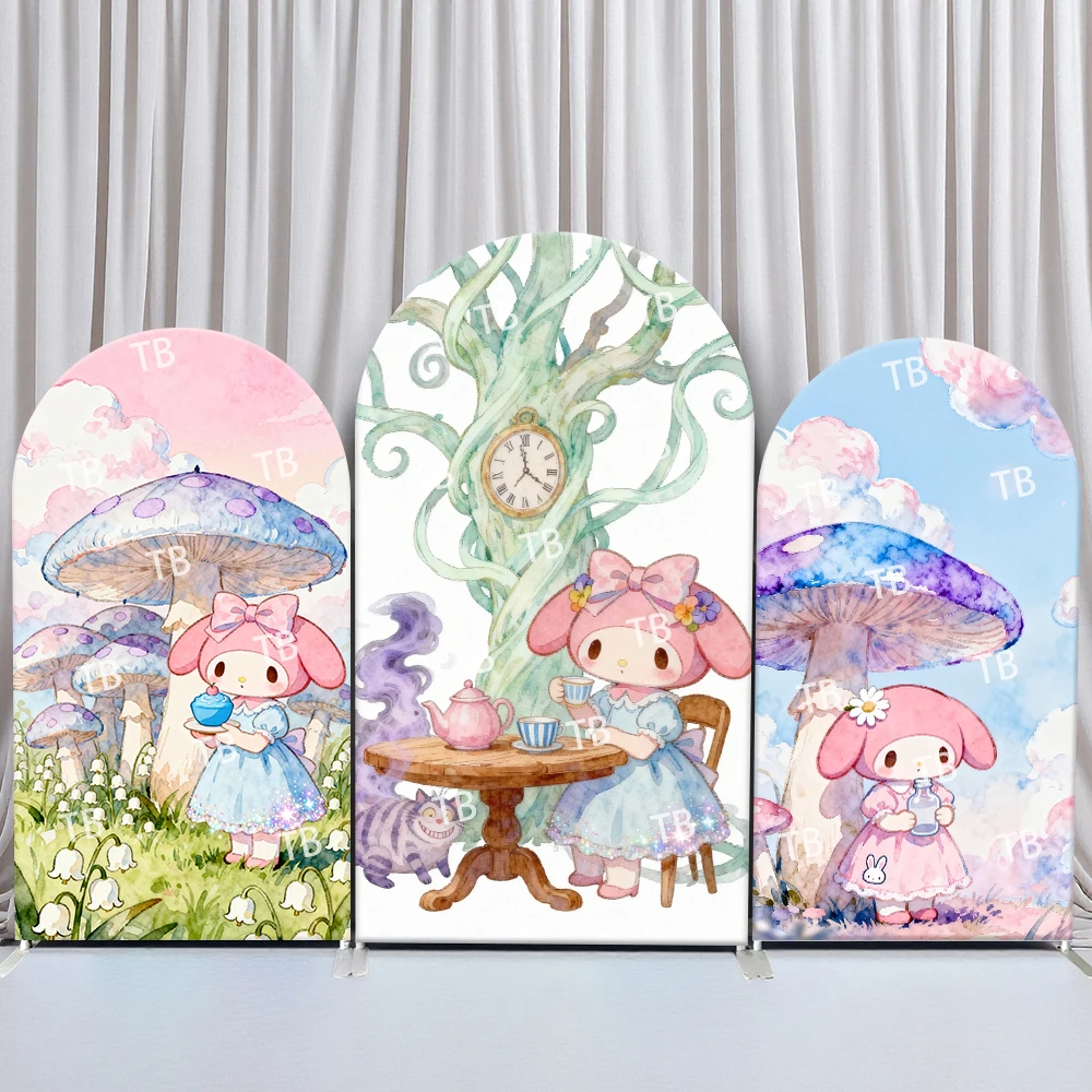 

Фон для фотосессии Sanrio My Melody в стиле грибов: волшебная праздничная сцена для детского дня рождения, вечеринки в честь рождения ребенка