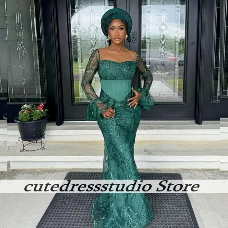

Green Long Sleeves Mermaid Evening Dresses For Women Exquisite Sequins Applique Engagement Party Gowns Prom Dress Customized
