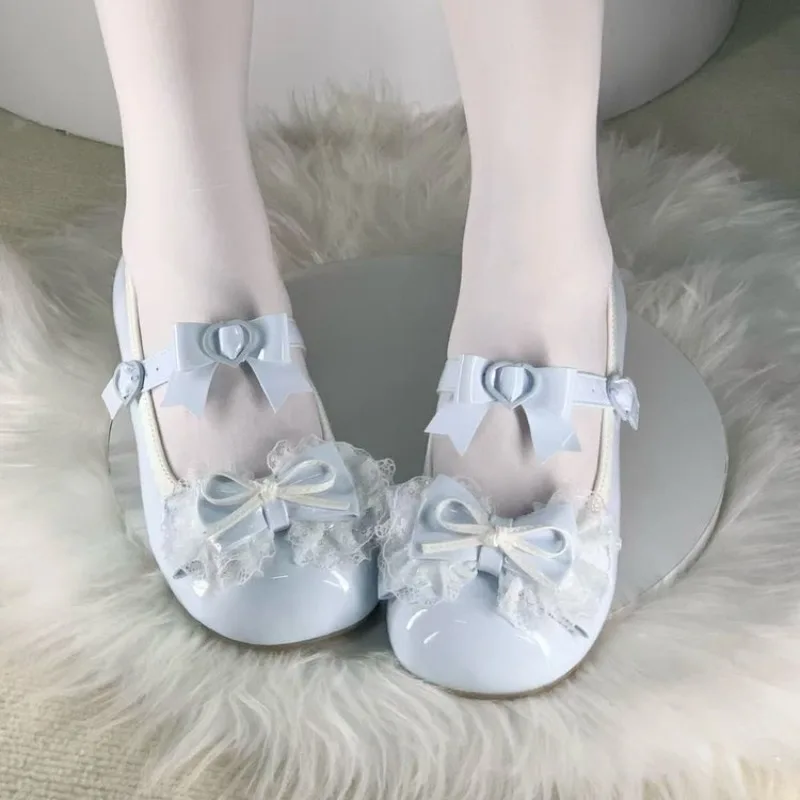 Sweet Girl Pink Mary Jane Fluffy Lace Double Bow Heart Metal Buckle Strap Flat Heel Lolita Daily Cosplay Princess Shoes