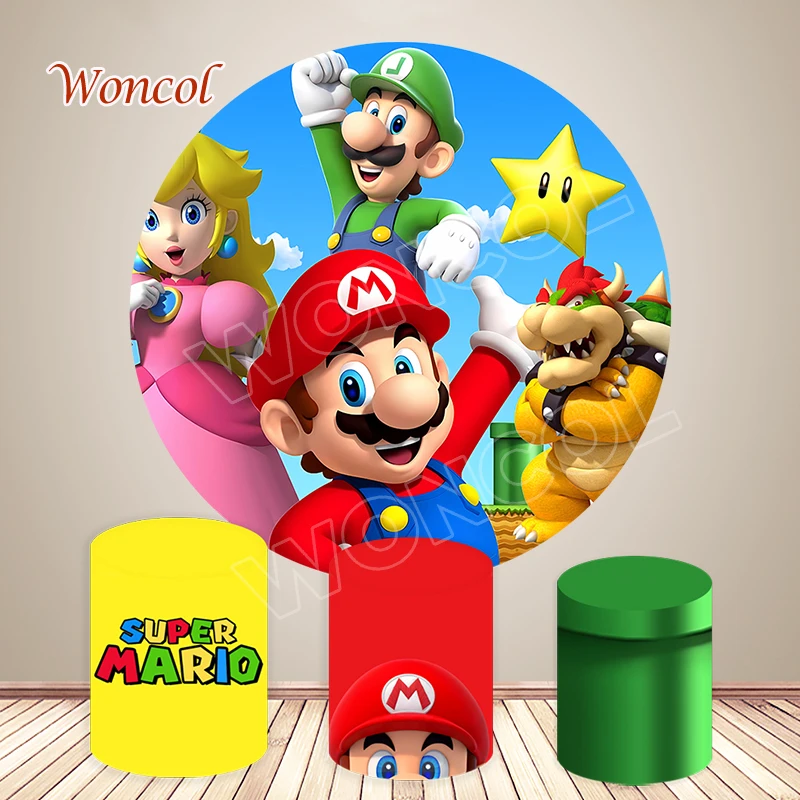 Super Mario Birthday Round Background Boy Birthday Party Backdrop Super Mario Cylinder Cover Baby Shower Decor Photocall Prop