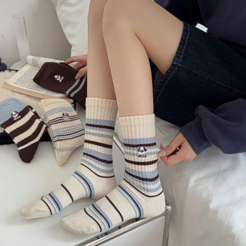 4 Pairs Fall Winter Unisex Cartoon Japanese-Style Embroidered Dog Striped Mid-Calf Socks Fashion Cotton Ankle Socks High Quality